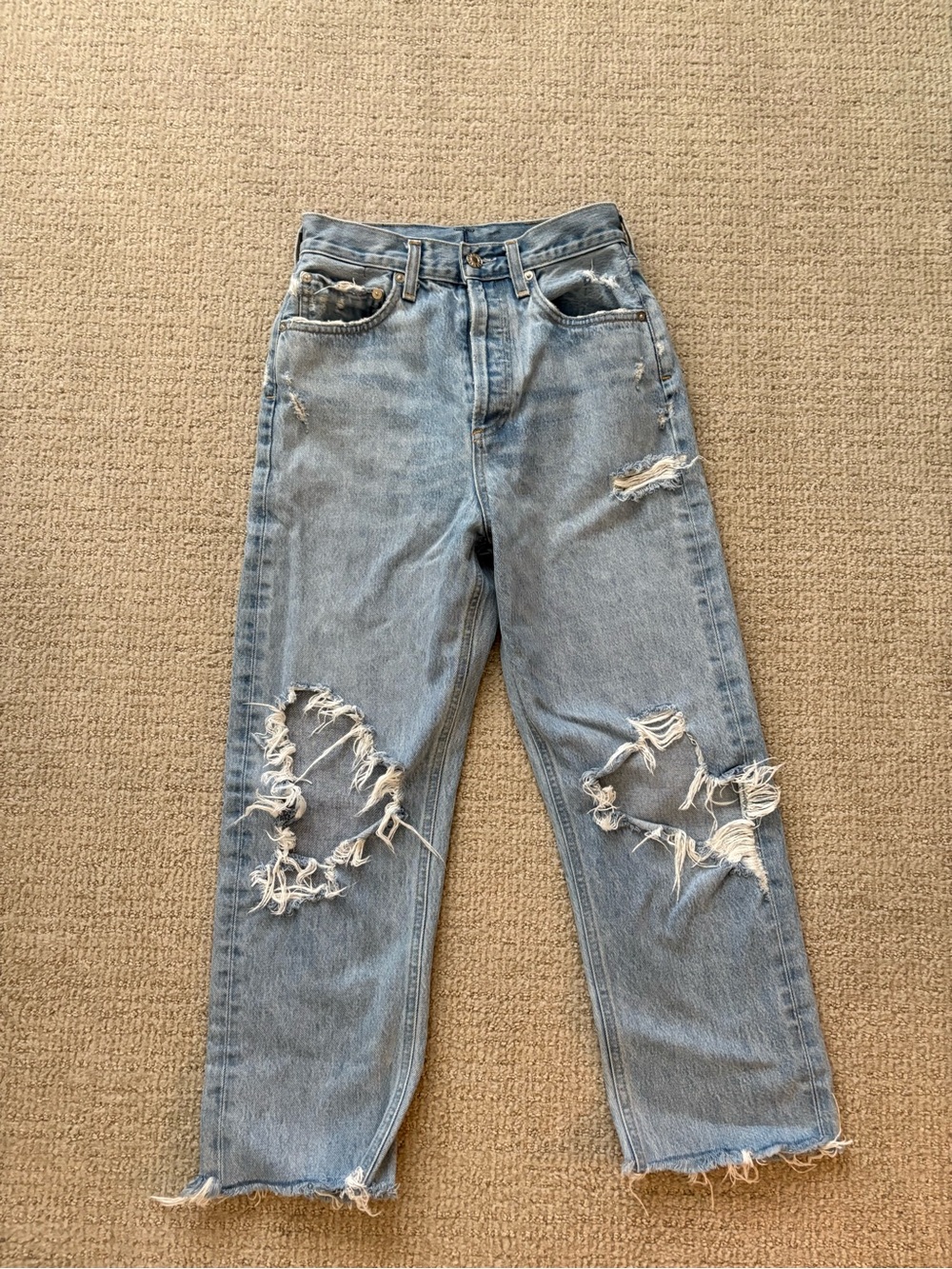Agolde Light Blue Distressed Straight-Leg Jeans